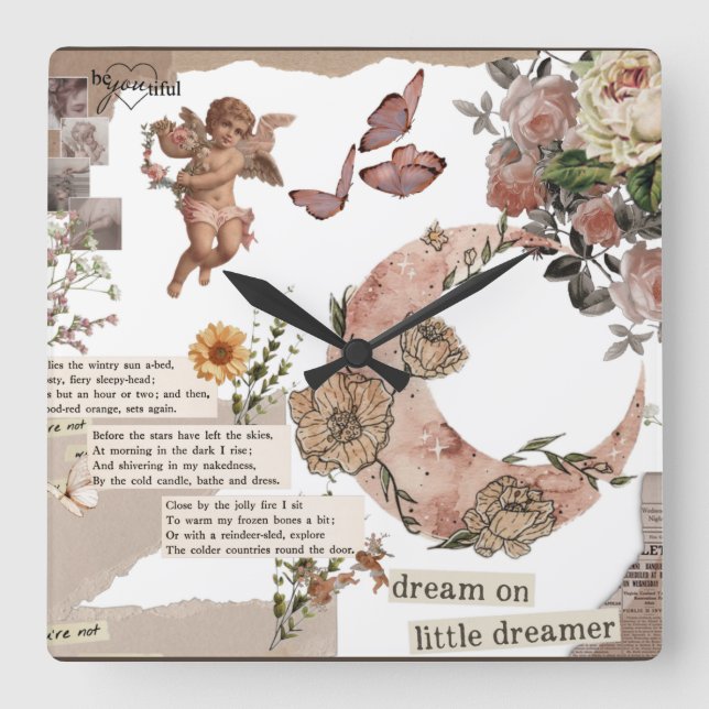 Horloge Carrée art graphique citation fleur ange jornal T-Shirt (Recto)