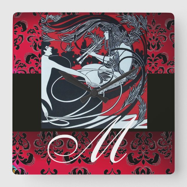 Horloge Carrée ART NOUVEAU FAUN Red Burgundy, Black Damask (Recto)