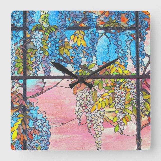 Horloge Carrée Art Nouveau Stained Glass Wisteria Flowers Clock (Recto)