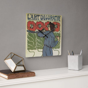 Horloge Carrée Art Nouveau vintage, artiste peignant des fleurs d