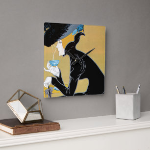 Horloge Carrée Art Nouveau vintage, Dame buvant du thé Marco Polo