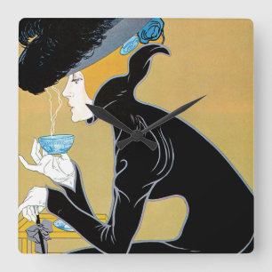 Horloge Carrée Art Nouveau vintage, Dame qui boit du thé Marco Po