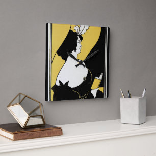 Horloge Carrée Art Nouveau vintage, femme lisant un livre jaune