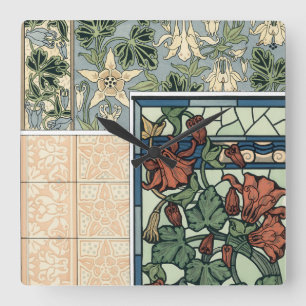 Horloge Carrée Art Nouveau vintage, fleurs de Columbine Aquilegia