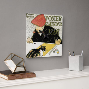 Horloge Carrée Art Nouveau vintage, peintre avec son chat