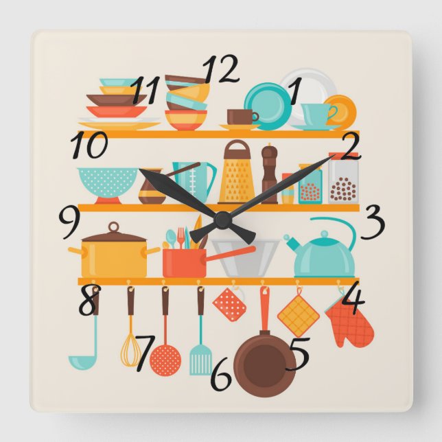 Horloge Carrée Articles de cuisine Animés (Recto)