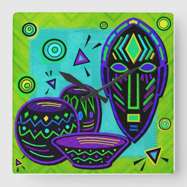 Horloge Carrée Artifact African Pop Art (Recto)