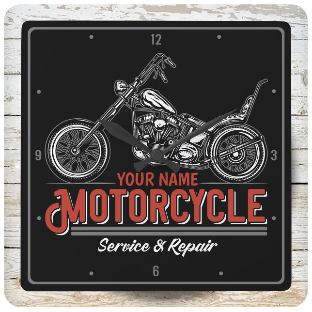 Horloge Carrée Atelier de réparation de motocyclette personnalisé (Créateur téléchargé)