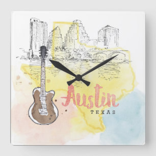 Horloge Carrée Austin, Texas   Esquisse d'aquarelle
