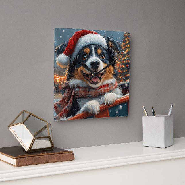 Horloge Carrée Australie Berger Dog Roller Dessous de verre Noël (Bureau)