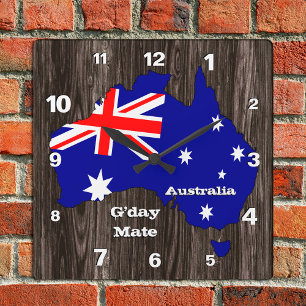 Horloge Carrée Australie Horloge, Gday Mate, bois, Drapeau austra