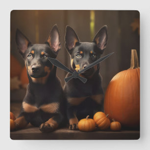 Horloge Carrée Australien Kelpie Puppy Citrouille de plaisir d'au