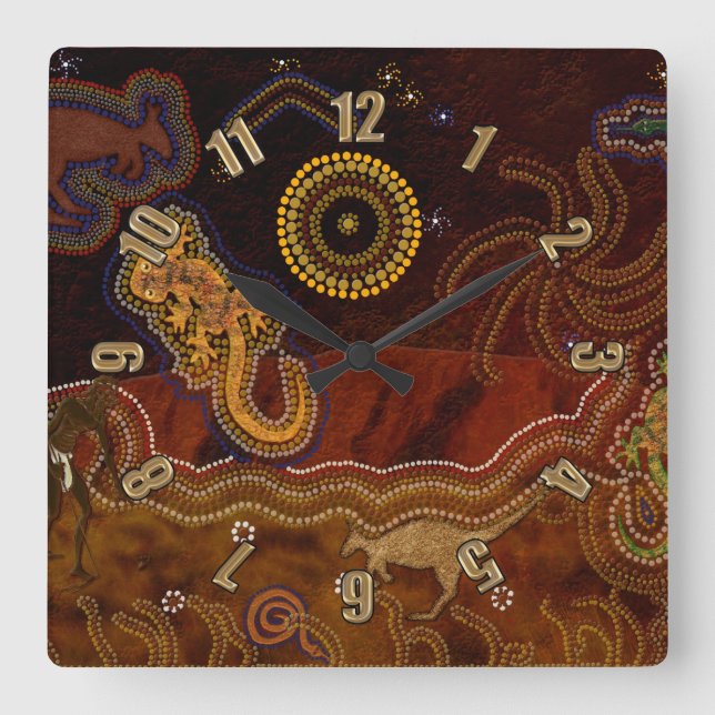 Horloge Carrée Australien Style aborigène Chaleur et Animaux du d (Recto)