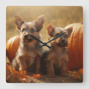 Horloge Carrée Australien Terrier Chiot Automne Citrouille de pla