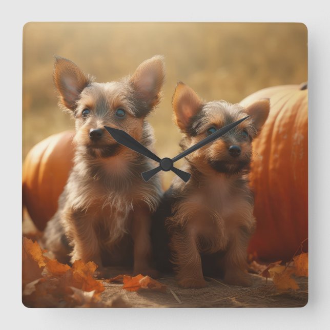 Horloge Carrée Australien Terrier Chiot Automne Citrouille de pla (Recto)