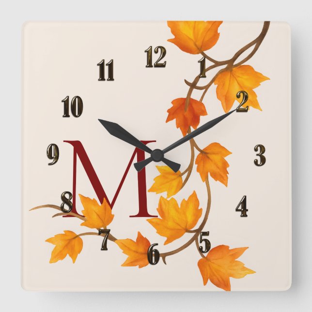 Horloge Carrée Automne Automne Branche des Feuilles de l'érable (Recto)