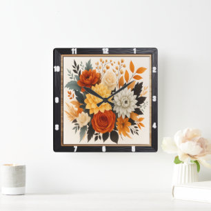 Horloge Carrée Automne Floral Bouquet Nature