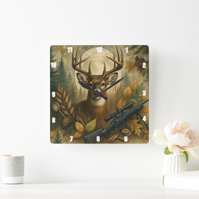 Horloge Carrée Automne Les amateurs de cerfs Forêt de chasseurs (Maison)
