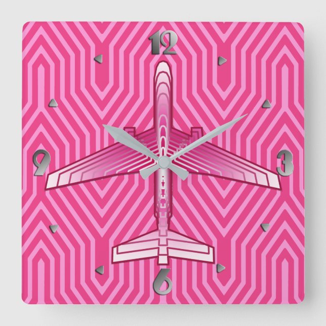 Horloge Carrée Avion Art déco, Fuchsia et Pastel Pink (Recto)