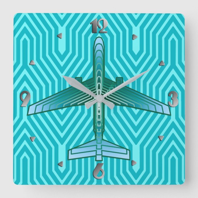 Horloge Carrée Avion Art Déco, Turquoise, Turquoise et Aqua (Recto)