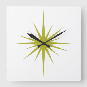 Horloge Carrée Avocado Green Starburst atomique milieu du siècle 
