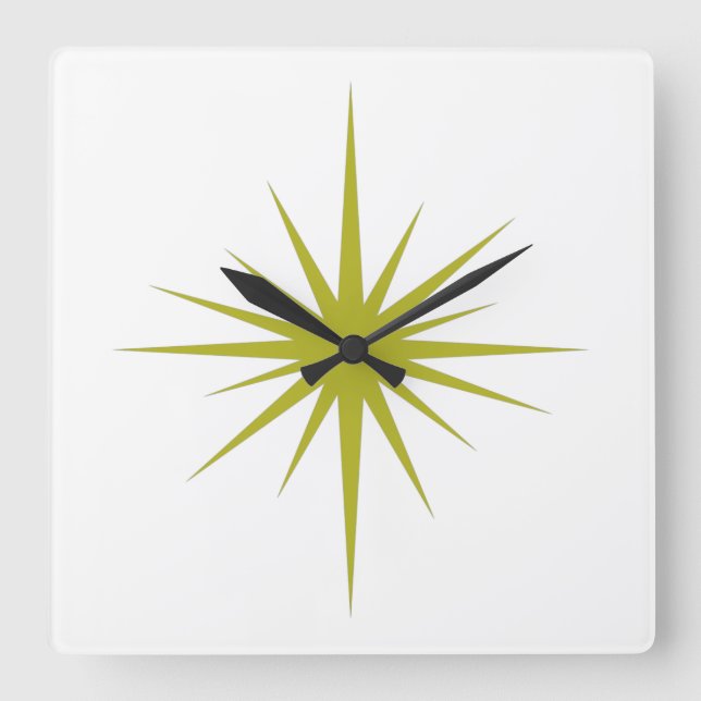Horloge Carrée Avocado Green Starburst atomique milieu du siècle  (Recto)