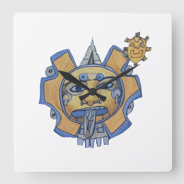 Horloge Carrée Aztec Gold Sun Square Wall Clock Mayan (Recto)