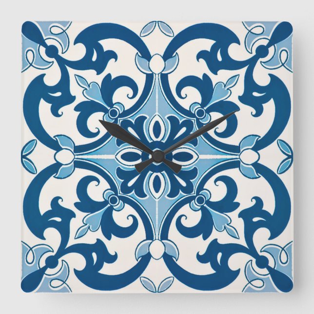 Horloge Carrée Azulejo Fleur de Lis Style Pattern (Recto)