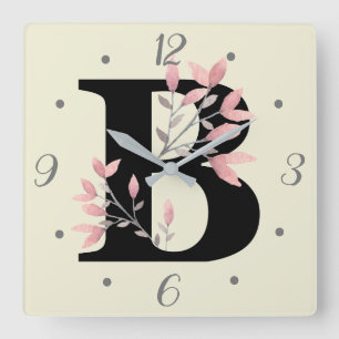 Horloge Carrée B Monogramme avec fleurs roses
