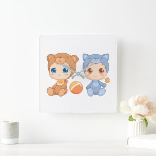Horloge Carrée Baby Bear Chat Jumpsuit Twins