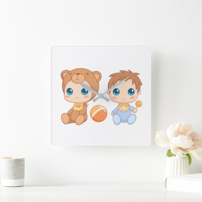 Horloge Carrée Baby Boy Twins Bear Jumpsuit (Maison)