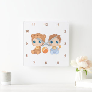 Horloge Carrée Baby Boy Twins Bear Jumpsuit 2