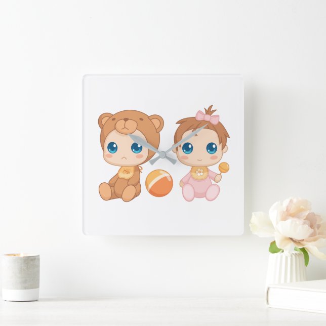Horloge Carrée Baby Girl Twins Bear Jumpsuit (Maison)