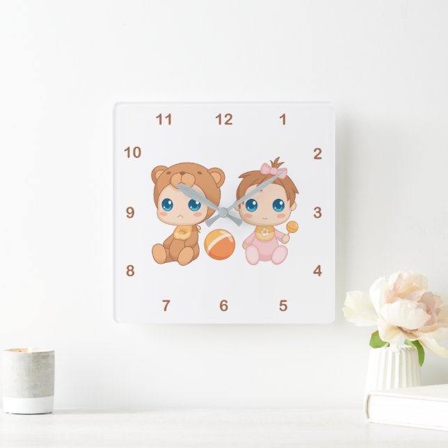 Horloge Carrée Baby Girl Twins Bear Jumpsuit 2 (Maison)