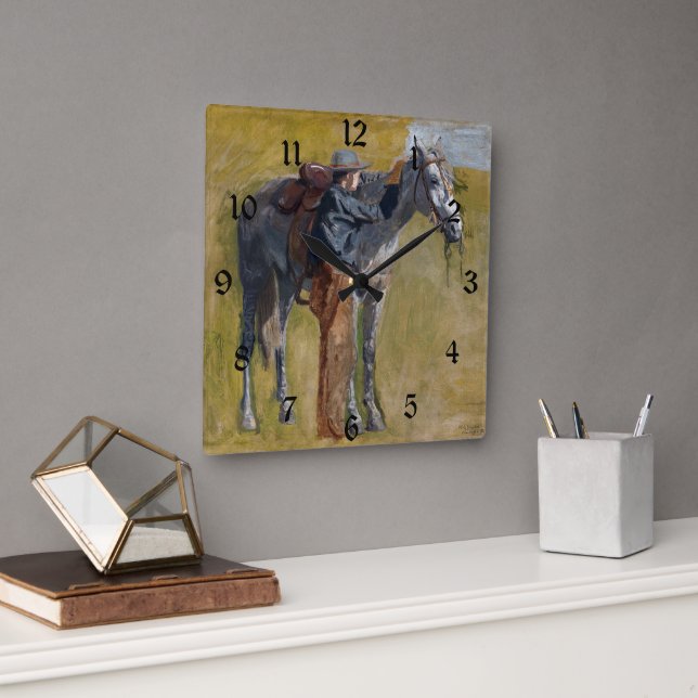 Horloge Carrée Badlands américains : Vieux West Cowboy avec cheva (Bureau)