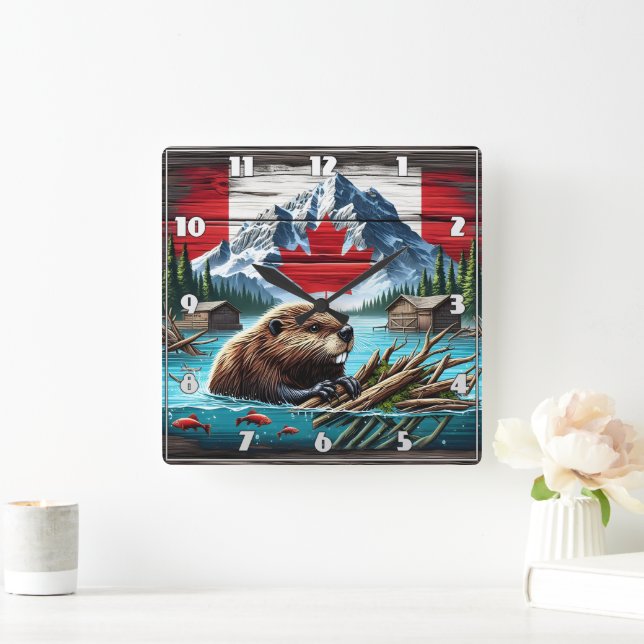 Horloge Carrée Baignade de castor canadien près de Cabines rustiq (Maison)