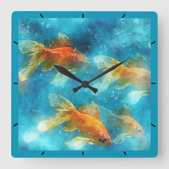 HORLOGE CARRÉE BAIGNADE DE POISSON.  ORANGE FISH. (Recto)