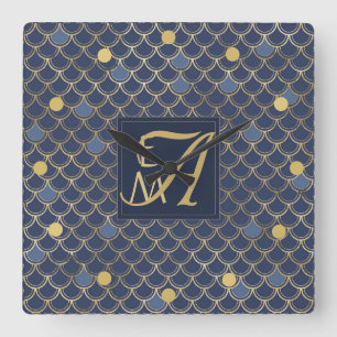 Horloge Carrée Balances de sirène Monogramme Marine Bleu Or Décor