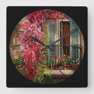 Horloge Carrée Balcon de fleurs Art fin Numéros romains