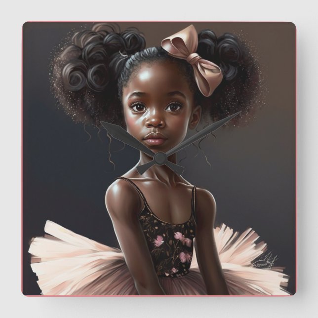 Horloge Carrée ballerine afro-américaine, fille qui aime le balle (Recto)