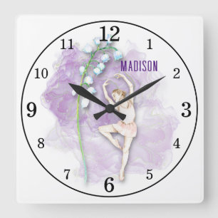 Horloge Carrée Ballerine et fleurs de muguet sur fond violet