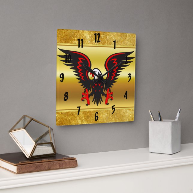 Horloge Carrée Bande dessinée Aigle noir et rouge avec feuille d' (Bureau)