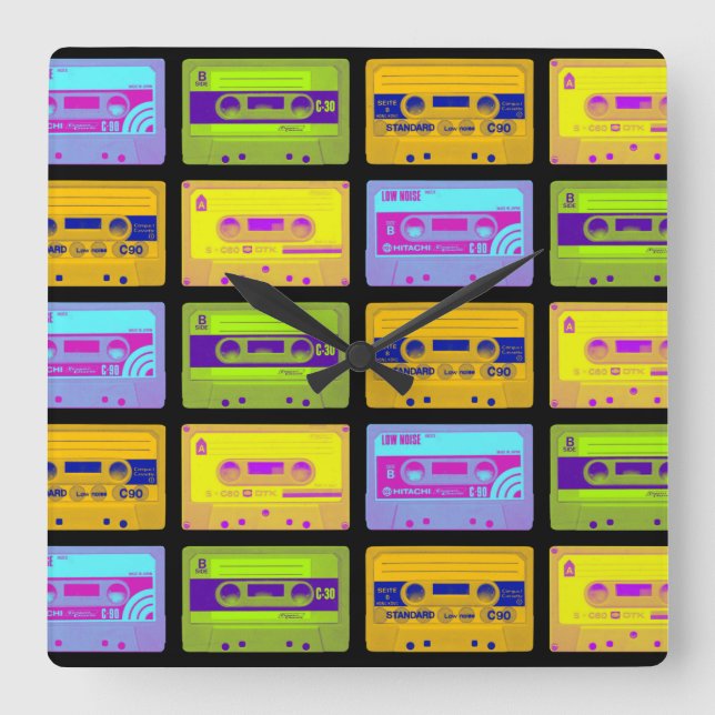 Horloge Carrée Bandes de cassettes Pop Art Retro 80s (Recto)