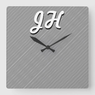 Horloge Carrée Bandes minces en noir et blanc   Initiales retro-s