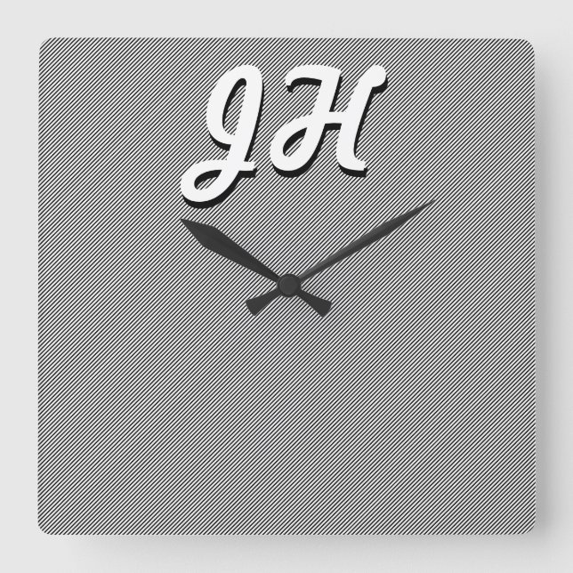 Horloge Carrée Bandes minces en noir et blanc | Initiales retro-s (Recto)