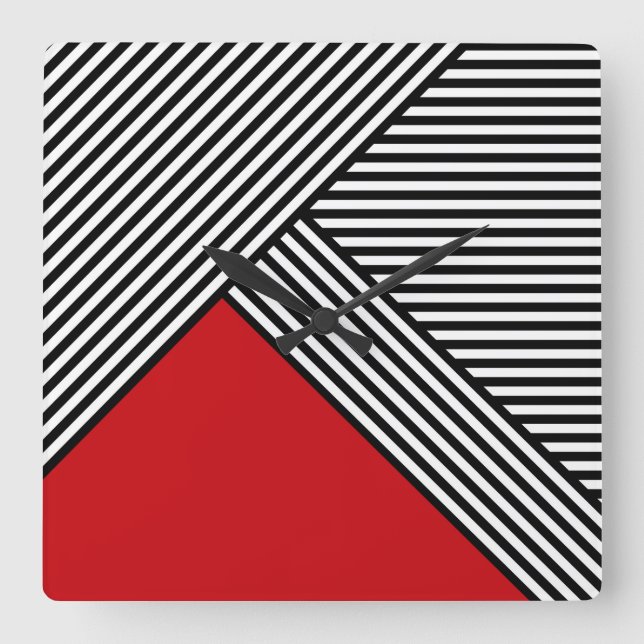 Horloge Carrée Bandes noires et blanches avec triangle rouge (Recto)
