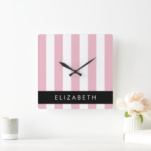 Horloge Carrée Bandes Roses, Motif Gratté, Lignes, Votre Nom