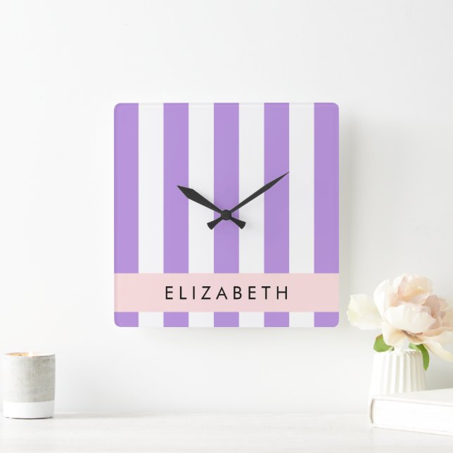 Horloge Carrée Bandes Violettes, Motif Gratté, Lignes, Votre Nom (Maison)