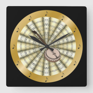 Horloge Carrée Banjo~ a roulé le noir de ~ de musique de feuille
