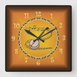 Horloge Carrée Banjo On Musical Scroll & Russet Orange ~